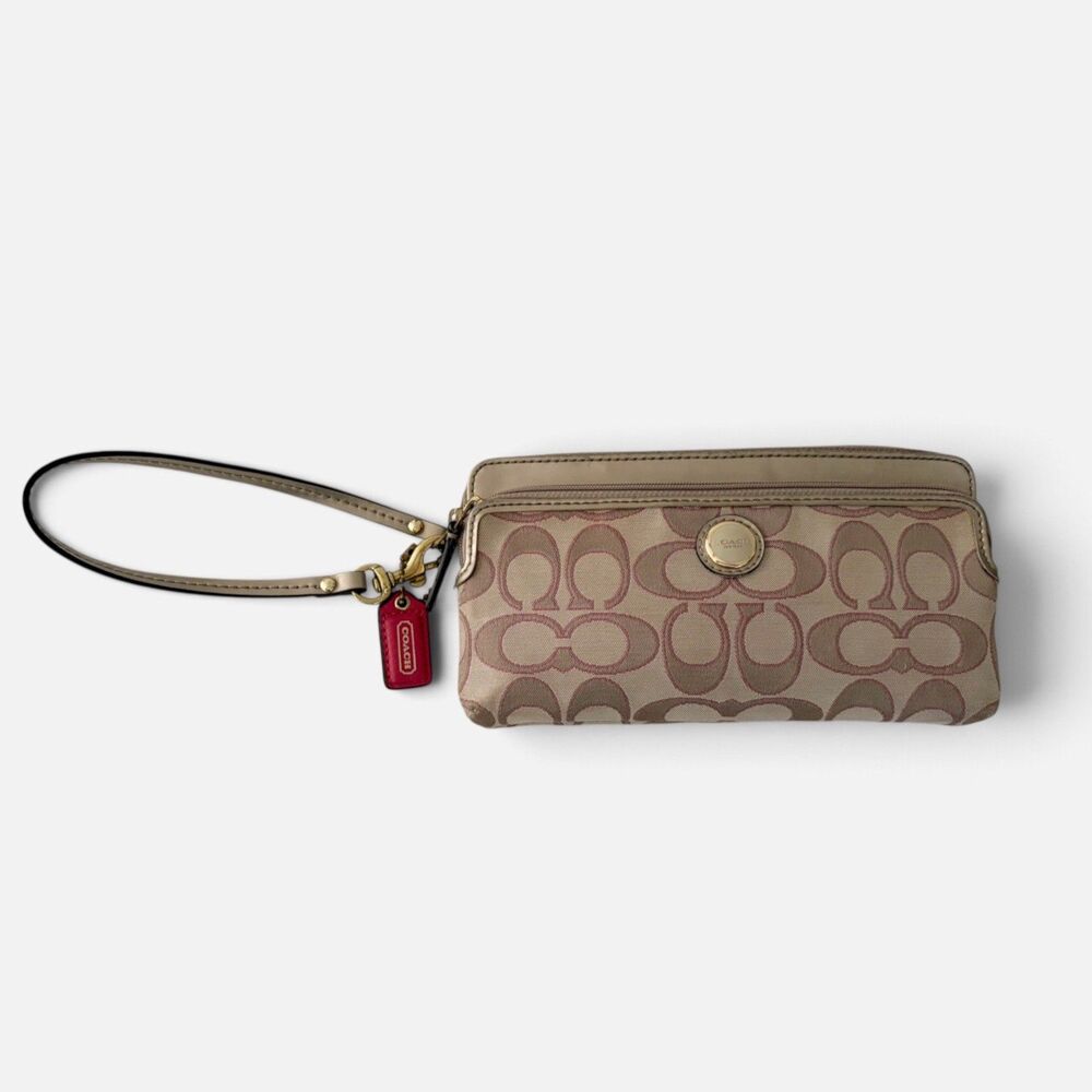 COACH Signature C Poppy Canvas Wristlet Wallet Khaki Tan Pink Double Zip 47897